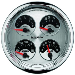 5 in. QUAD GAUGE, 100 PSI/100-250 Fahrenheit/8-18V/0-90 O, AMERICAN MUSCLE