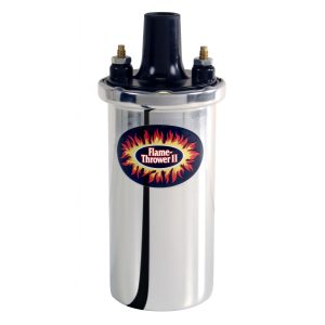 FLAME-THROWER II COIL. 45,000-VOLT RATED WITH 0.6-OHMS OF RESISTANCE. CHROME EPOXY FILLED CANISTER STYLE. EPOXY FILLED COILS ARE ENGINEERED FOR HIGH VIBRATION APPLICATIONS.