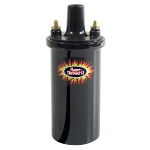 FLAME-THROWER II COIL. 45,000-VOLT RATED WITH 0.6-OHMS OF RESISTANCE. BLACK EPOXY FILLED CANISTER STYLE. EPOXY FILLED COILS ARE ENGINEERED FOR HIGH VIBRATION APPLICATIONS.