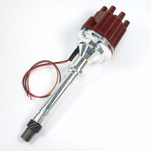 FLAME-THROWER BILLET DISTRIBUTOR WITH IGNITOR II ELECTRONICS FOR CHEVY SB/BB ENGINES. NON VACUUM ADVANCE WITH RED FEMALE STYLE CAP.