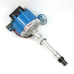 FLAME-THROWER STREET / STRIP HEI DISTRIBUTOR FOR CHEVY SB/BB. MACHINE FINISH WITH VACUUM ADVANCE. BLUE CAP.