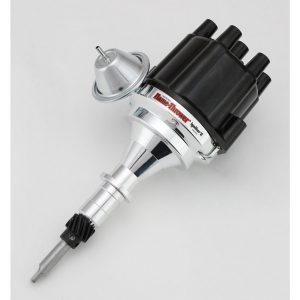 FLAME-THROWER BILLET DISTRIBUTOR WITH IGNITOR II ELECTRONICS FOR CHEVY / PONTIAC / OLDSMOBILE 194-292 L6 ENGINES. VACUUM ADVANCE WITH BLACK FEMALE STYLE CAP.