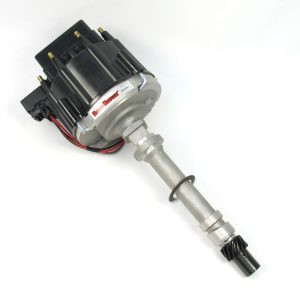FLAME-THROWER "RACE ONLY" HEI DISTRIBUTOR FOR CHEVY SB/BB. CAST FINISH NON VACUUM ADVANCE. BLACK CAP.