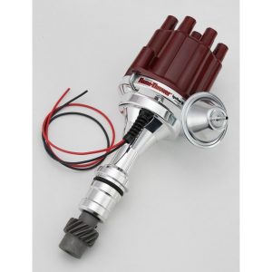FLAME-THROWER BILLET DISTRIBUTOR WITH IGNITOR II ELECTRONICS FOR OLDSMOBILE 260-455 ENGINES. VACUUM ADVANCE WITH RED FEMALE STYLE CAP.