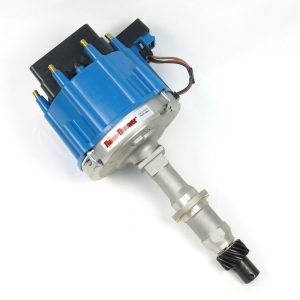 FLAME-THROWER "RACE ONLY" HEI DISTRIBUTOR FOR PONTIAC 301-455 ENGINES. CAST FINISH NON VACUUM ADVANCE. RED CAP.