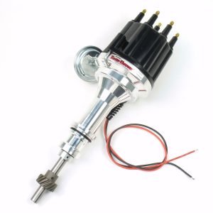 FLAME-THROWER BILLET DISTRIBUTOR WITH IGNITOR II ELECTRONICS FOR FORD 221-302 ENGINES. VACUUM ADVANCE WITH BLACK MALE STYLE CAP.