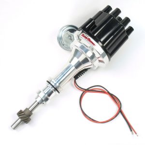 FLAME-THROWER BILLET DISTRIBUTOR WITH IGNITOR II ELECTRONICS FOR FORD 351W ENGINES. VACUUM ADVANCE WITH BLACK FEMALE STYLE CAP.
