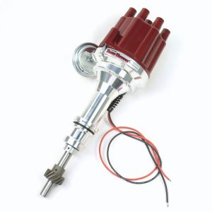 FLAME-THROWER BILLET DISTRIBUTOR WITH IGNITOR II ELECTRONICS FOR FORD 351W ENGINES. VACUUM ADVANCE WITH RED FEMALE STYLE CAP.