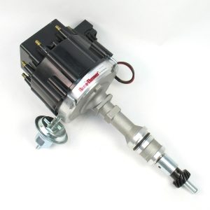 FLAME-THROWER STREET / STRIP HEI DISTRIBUTOR FOR FORDS WITH 289-302 ENGINES. MACHINE FINISH WITH VACUUM ADVANCE. BLACK CAP.