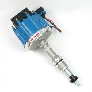 FLAME-THROWER "RACE ONLY" HEI DISTRIBUTOR FOR FORDS WITH 289-302 ENGINES. CAST FINISH NON VACUUM ADVANCE. BLUE CAP.