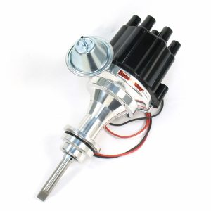 FLAME-THROWER BILLET DISTRIBUTOR WITH IGNITOR II ELECTRONICS FOR MOPAR 273-360 ENGINES. VACUUM ADVANCE WITH BLACK FEMALE STYLE CAP.