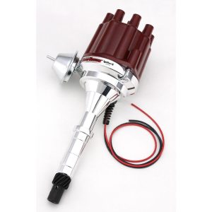 FLAME-THROWER BILLET DISTRIBUTOR WITH IGNITOR II ELECTRONICS FOR AMC 290-401 ENGINES. VACUUM ADVANCE WITH RED FEMALE STYLE CAP.