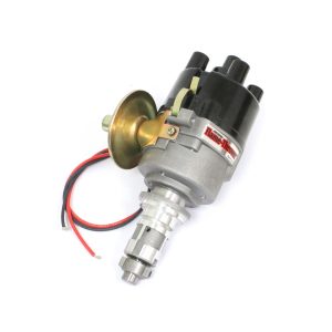 FLAME-THROWER "STOCK-LOOK" DISTRIBUTOR FEATURING ORIGINAL IGNITOR ELECTRONICS FOR BRITISH A+ 4-CYLINDER ENGINES. REPLACES LUCAS 45D DISTRIBUTORS. 12-VOLT NEGATIVE EARTH, WITH VACUUM ADVANCE, & TOP EXIT CAP.