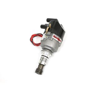 FLAME-THROWER DISTRIBUTOR FEATURING ORIGINAL IGNITOR ELECTRONICS FOR ENGLISH FORDS & LOTUS TWIN CAM ENGINES WITH 45D STYLE LUCAS. 12-VOLT NEGATIVE GROUND, NON VACUUM ADVANCE, AND SIDE EXIT CAP.
