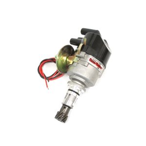 FLAME-THROWER DISTRIBUTOR FEATURING ORIGINAL IGNITOR ELECTRONICS FOR ENGLISH FORDS & LOTUS TWIN CAM ENGINES WITH 45D STYLE LUCAS. 12-VOLT NEGATIVE GROUND, WITH VACUUM ADVANCE, AND SIDE EXIT CAP.