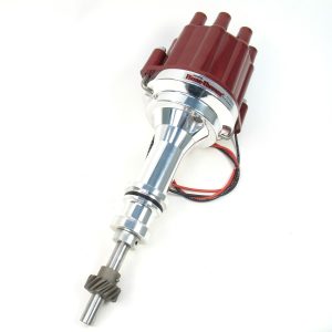 PERTRONIX FLAME THROWER BILLET MARINE DISTRIBUTOR WITH IGNITOR II ELECTRONICS FOR OLDSMOBILE FORD 289-302 ENGINES. NON VACUUM ADVANCE WITH A RED FEMALE STYLE CAP. JAE J1171 APPROVED.