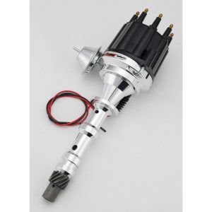 FLAME-THROWER BILLET DISTRIBUTOR WITH IGNITOR III ELECTRONICS FOR CHEVY 348-409 ENGINES. VACUUM ADVANCE WITH BLACK MALE STYLE CAP.