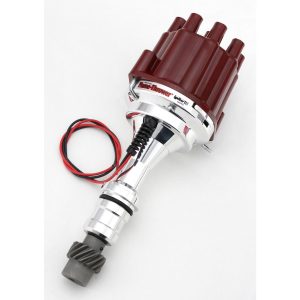 FLAME-THROWER BILLET DISTRIBUTOR WITH IGNITOR III ELECTRONICS FOR OLDSMOBILE 260-455 ENGINES. NON VACUUM ADVANCE WITH RED FEMALE STYLE CAP.