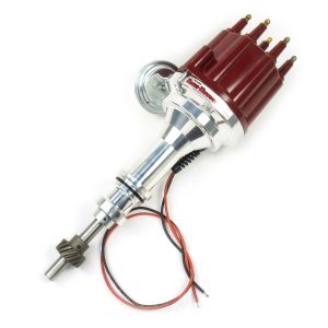 FLAME-THROWER BILLET DISTRIBUTOR WITH IGNITOR III ELECTRONICS FOR FORD 221-302 ENGINES. VACUUM ADVANCE WITH RED MALE STYLE CAP.
