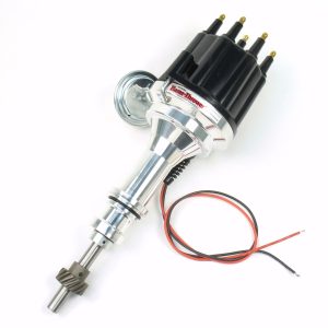 FLAME-THROWER BILLET DISTRIBUTOR WITH IGNITOR III ELECTRONICS FOR FORD 351W ENGINES. VACUUM ADVANCE WITH BLACK MALE STYLE CAP.