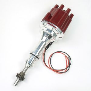 FLAME-THROWER BILLET DISTRIBUTOR WITH IGNITOR III ELECTRONICS FOR FORD 351W ENGINES. NON VACUUM ADVANCE WITH RED FEMALE STYLE CAP.
