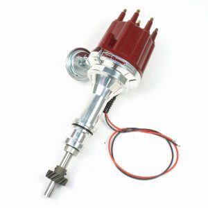 FLAME-THROWER BILLET DISTRIBUTOR WITH IGNITOR III ELECTRONICS FOR FORD 351C-460 ENGINES. VACUUM ADVANCE WITH RED MALE STYLE CAP.