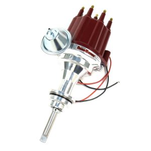 FLAME-THROWER BILLET DISTRIBUTOR WITH IGNITOR III ELECTRONICS FOR MOPAR 273-360 ENGINES. VACUUM ADVANCE WITH RED MALE STYLE CAP.