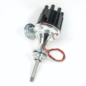 FLAME-THROWER BILLET DISTRIBUTOR WITH IGNITOR III ELECTRONICS FOR MOPAR 413-400 INCLUDING 426 HEMI ENGINES. VACUUM ADVANCE WITH BLACK FEMALE STYLE CAP.